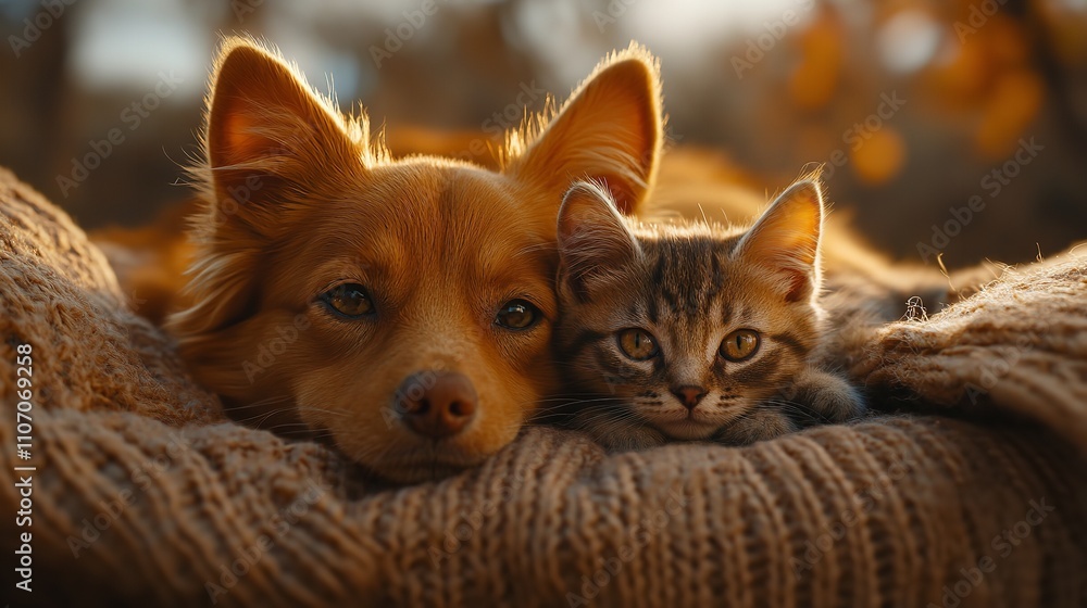 A Golden Dog and Ginger Cat Resting Together on a Blanket A Golden Dog and Ginger Cat Resting Together on a Blanket