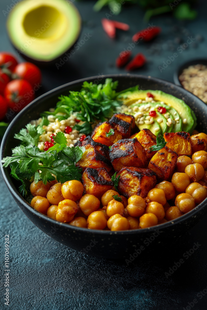 A vibrant bowl filled with roasted chickpeas, grilled vegetables, avocado slices, and fresh greens on a dark wooden table A vibrant bowl filled with roasted chickpeas, grilled vegetables, avocado slices, and fresh greens on a dark wooden table