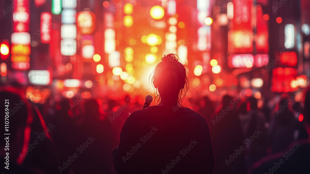 A person stands in silhouette against the backdrop of bright neon lights in a crowded urban setting, capturing the energy of evening life A person stands in silhouette against the backdrop of bright neon lights in a crowded urban setting, capturing the energy of evening life