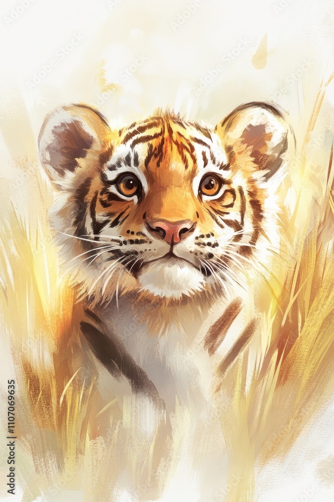 Obraz premium Young tiger cub in a natural setting with dry grass and a white background, rendered in watercolor style. Ideal for greeting cards, posters, or nature-inspired designs..