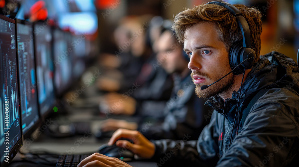 A young man concentrates deeply while playing in a competitive gaming environment, surrounded by fellow gamers and high-tech equipment A young man concentrates deeply while playing in a competitive gaming environment, surrounded by fellow gamers and high-tech equipment