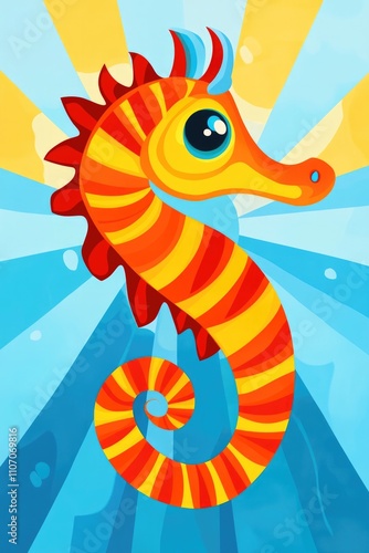 Playful orange seahorse with striped patterns on a blue and yellow radiant background, perfect for fun decor, ocean-themed posters, or marine-inspired gifts.. photo