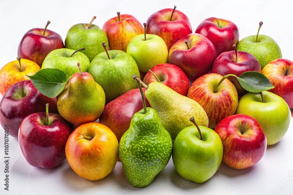 Panoramic View of Fresh Apples and Pears on a White Background, Capturing the Vibrant Colors and Textures of These Juicy Fruits Perfect for Culinary and Healthy Lifestyle Themes Panoramic View of Fresh Apples and Pears on a White Background, Capturing the Vibrant Colors and Textures of These Juicy Fruits Perfect for Culinary and Healthy Lifestyle Themes