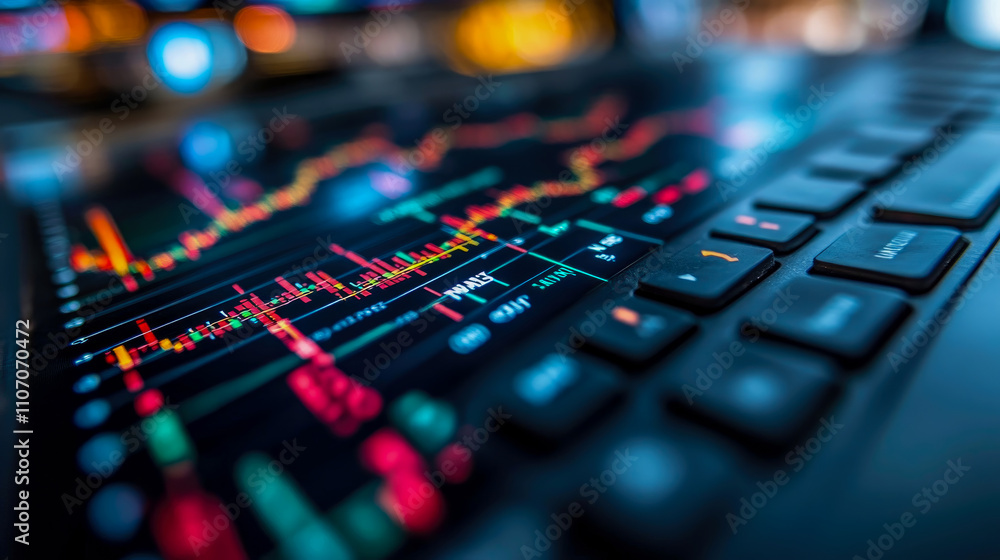 A detailed view of a trading dashboard featuring vibrant stock market charts, indicators, and a keyboard in a contemporary workspace A detailed view of a trading dashboard featuring vibrant stock market charts, indicators, and a keyboard in a contemporary workspace