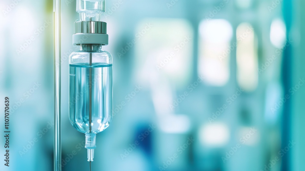 A detailed view of a medical infusion drip setup with clear fluids in a hospital setting, Clinical and organized environment, Medical style A detailed view of a medical infusion drip setup with clear fluids in a hospital setting, Clinical and organized environment, Medical style
