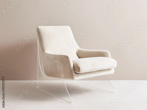 A contemporary lounge chair with plush upholstery and transparent acrylic legs, modern interior background photo