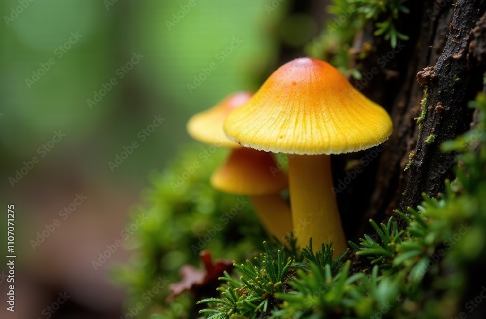 Two vibrant yellow mushrooms are growing on a mosscovered tree trunk Two vibrant yellow mushrooms are growing on a mosscovered tree trunk
