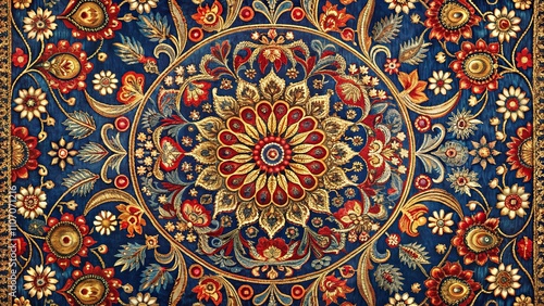 Intricate Gold and Red Floral Embroidery on Deep Blue Fabric