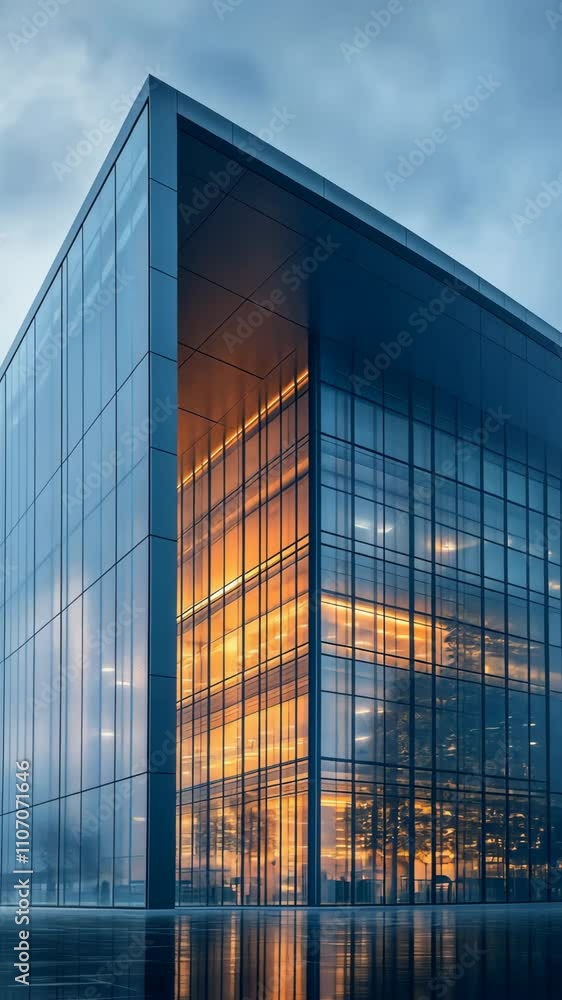 Modern Architectural Marvel: A Stunning Glass Building Reflecting Golden Lights in Urban Environment at Dusk Modern Architectural Marvel: A Stunning Glass Building Reflecting Golden Lights in Urban Environment at Dusk