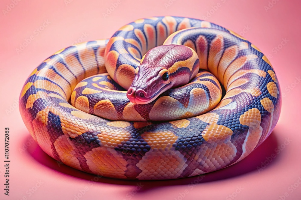 Obraz premium Pastel Python Coiled Elegantly Against a Soft Pink Background, Perfect for Urban Exploration Photography and Nature Aesthetic Themes