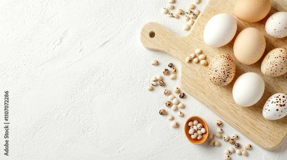 Fresh Organic Eggs on Wooden Board with Quail Eggs and Seeds Fresh Organic Eggs on Wooden Board with Quail Eggs and Seeds