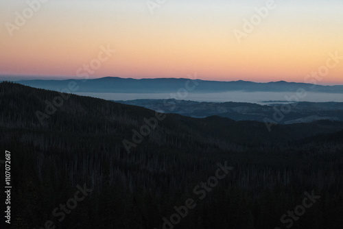 Sunset in the mountains, landscape of high mountains, Tatra Mountains. 