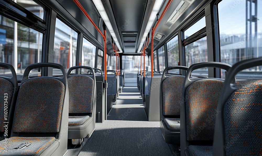 Interior view of a modern bus showcasing seating and design. Interior view of a modern bus showcasing seating and design.