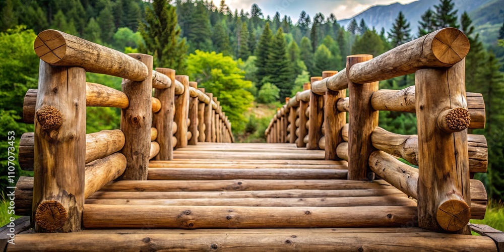 Obraz premium Rustic Wooden Footbridge Leading Through a Lush Green Forest