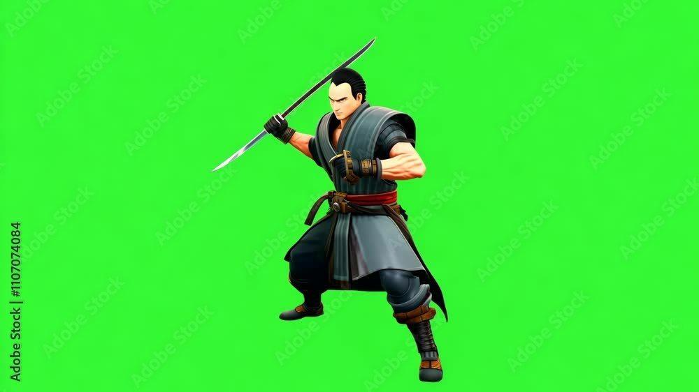 Samurai Warrior in Traditional Armor on Green Background Samurai Warrior in Traditional Armor on Green Background