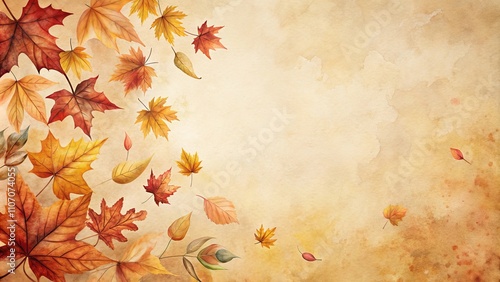 Autumn Leaves on Watercolor Paper Background, Perfect for Fall-Themed Designs and Projects