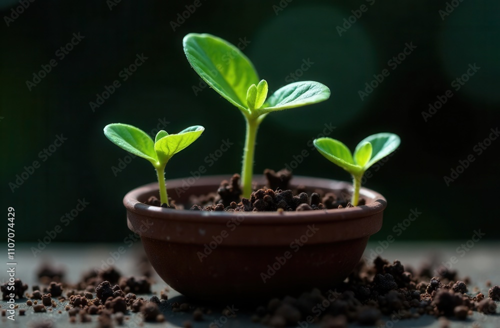 In a tiny flowerpot, three small plants are thriving and growing In a tiny flowerpot, three small plants are thriving and growing
