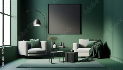 Minimalist green living room with framed artwork 
