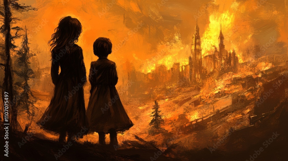 The Last Stand Two Silhouettes Witnessing a City in Flames, Painted in a Dramatic Brushstroke Style