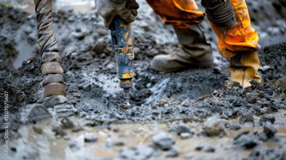A closeup of a worker using a pneumatic drill to break through cement for an underground utility line. A closeup of a worker using a pneumatic drill to break through cement for an underground utility line.