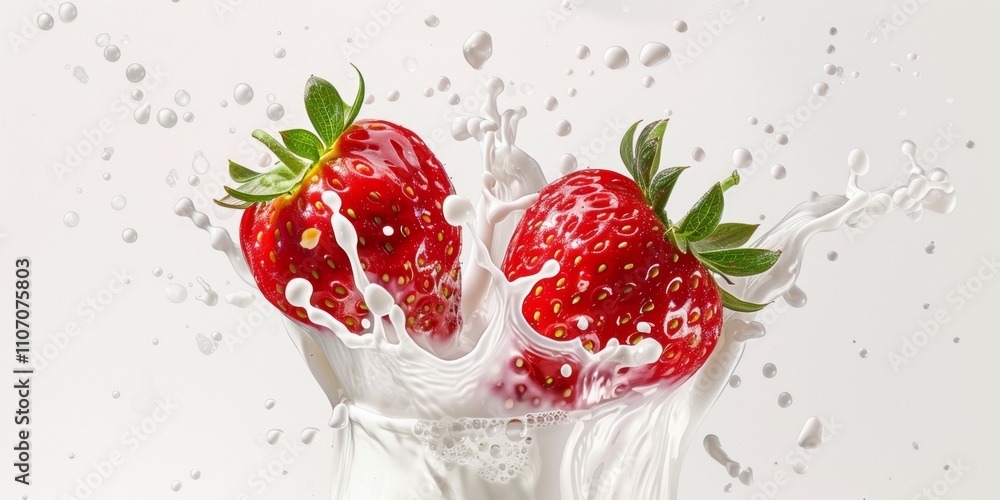 Two Strawberries Splashing into Creamy Milk: A Vibrant Food Photography Image Two Strawberries Splashing into Creamy Milk: A Vibrant Food Photography Image