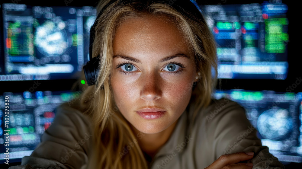 A young woman with striking blue eyes concentrates on data displayed on multiple screens in a high-tech control room late at night A young woman with striking blue eyes concentrates on data displayed on multiple screens in a high-tech control room late at night