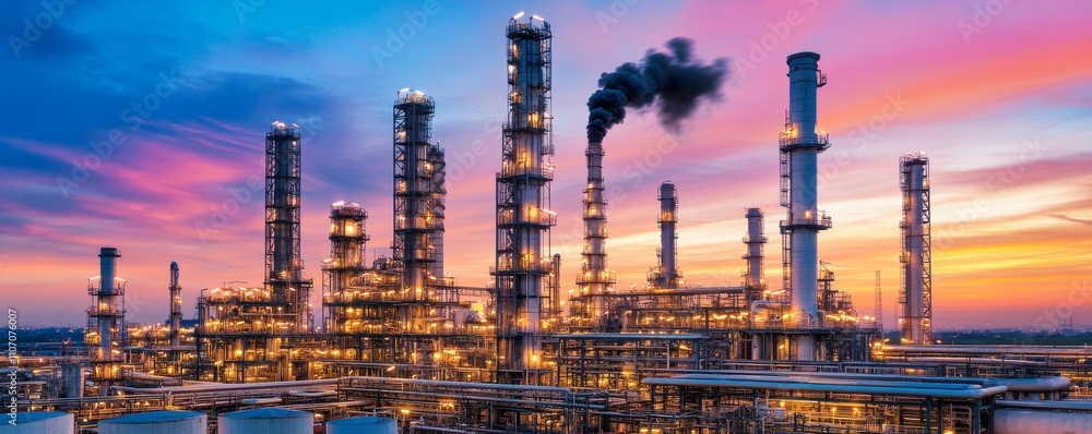 Fototapeta premium Industrial Sunset A Silhouette of Refinery Towers Against a Vibrant Sky