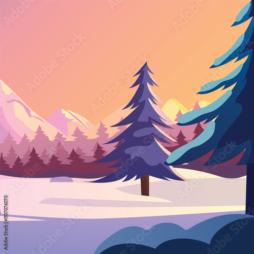 Winter sunset landscape with snow-covered trees, pink mountains, and a gradient sky in warm hues. Vector illustration.  
