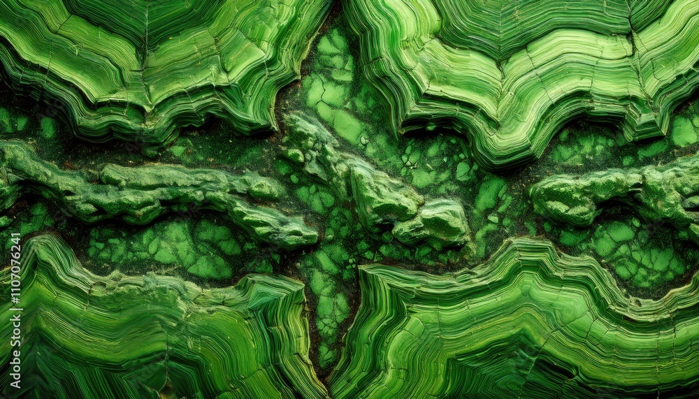 Fototapeta premium An aerial view of green mineral formations, similar to malachite, with abstract and wavy layered patterns that give the appearance of a surreal landscape.