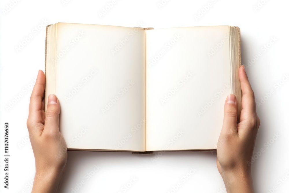 Person holding an opened book with blank pages. Two hands holding a blank magazine or catalog with an open blank white page on a gray background. Template for design, mockup, copy space. Top view Person holding an opened book with blank pages. Two hands holding a blank magazine or catalog with an open blank white page on a gray background. Template for design, mockup, copy space. Top view
