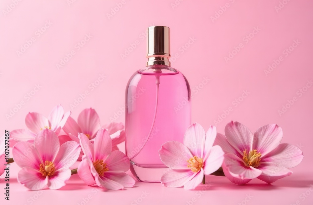 Simple perfume bottle on a pink background with flowers. A bottle of perfume mockup, can use as perfume and cosmetic product. Perfume spray Simple perfume bottle on a pink background with flowers. A bottle of perfume mockup, can use as perfume and cosmetic product. Perfume spray
