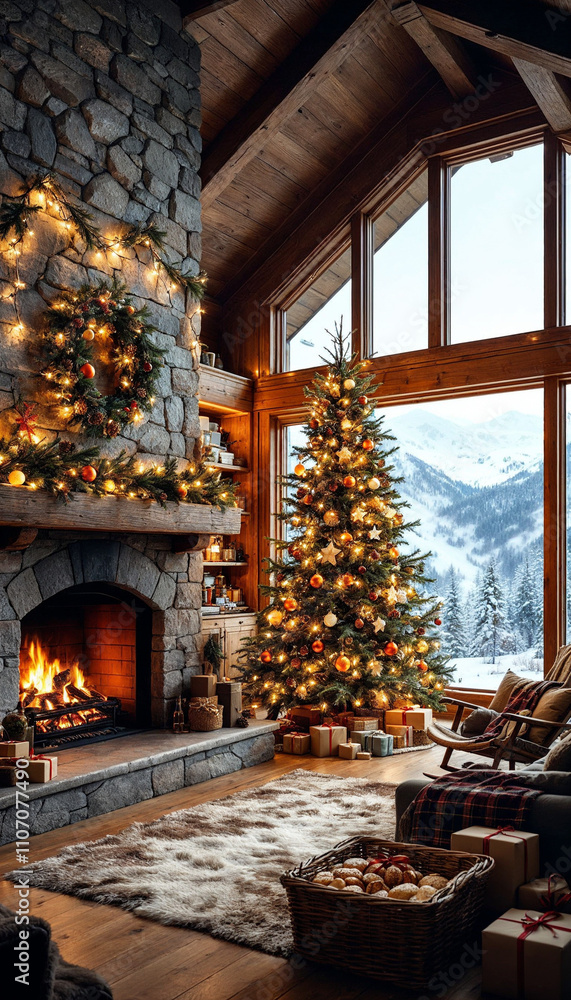 Winter Chalet Living Room with Stone Fireplace and Festive Christmas Tree Winter Chalet Living Room with Stone Fireplace and Festive Christmas Tree