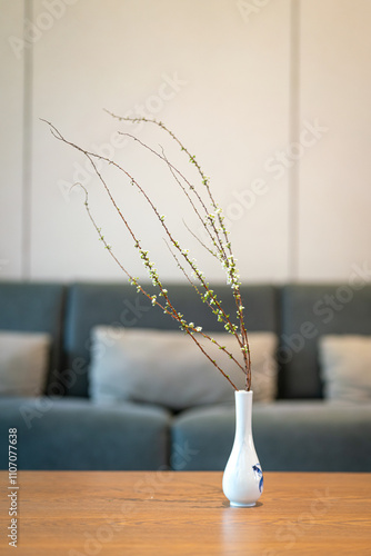 A Japanese style ceramic vase with cultivate hosueplant inside, it place on wooden desk in living room with sofa seat as blackground. Interior decoration object, close-up and selective focus. photo