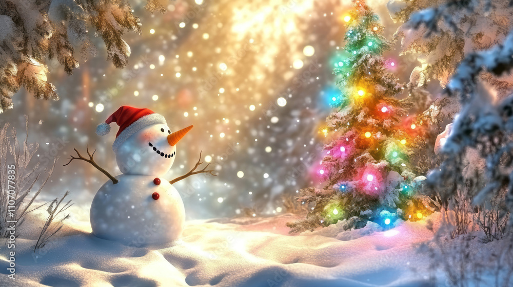 Obraz premium happy snowman in winter background with colorfull cristmas tree,cartoon photo