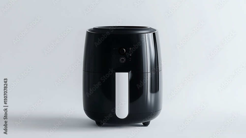 A black air fryer with a white background. A black air fryer with a white background.
