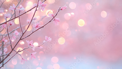 peaceful winter setting with frosted branches and soft pink blossoms, creating serene atmosphere filled with gentle bokeh lights