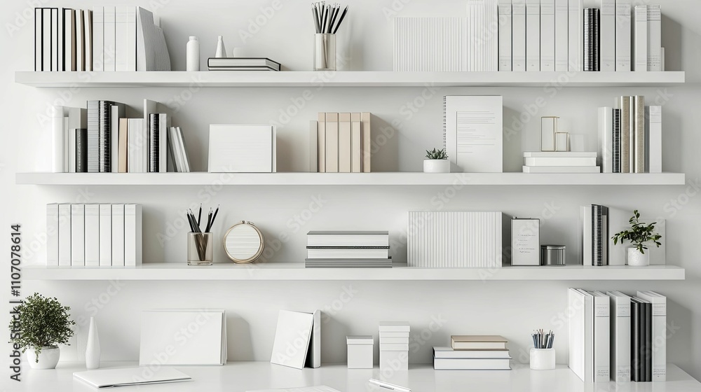 White Shelves Displaying Books And Office Supplies White Shelves Displaying Books And Office Supplies