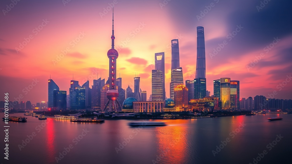 Fototapeta premium As dusk falls, Shanghai's Pudong skyline glows with vibrant colors and innovation by the river.