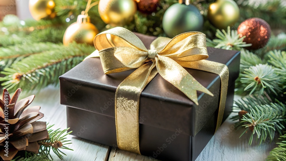 Black gift box with a golden ribbon, surrounded by festive holiday greenery and ornaments. For Christmas or winter season designs Black gift box with a golden ribbon, surrounded by festive holiday greenery and ornaments. For Christmas or winter season designs