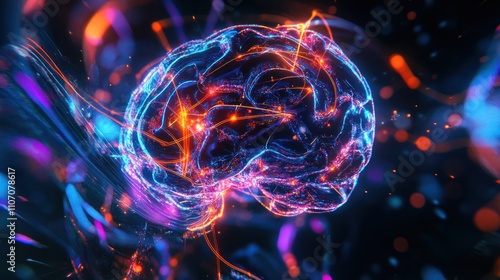 Abstract glowing brain with neural connections.