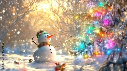 happy snowman in winter background with colorfull cristmas tree,cartoon photo photo