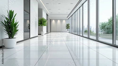Modern Office Hallway With Plants And City View