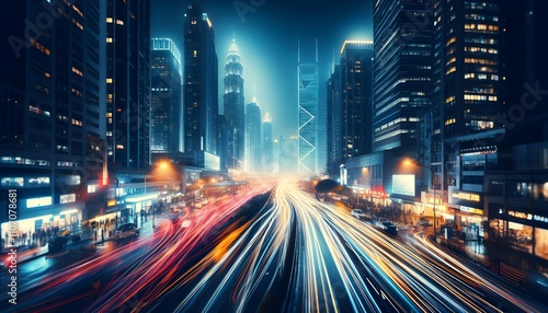 Futuristic cityscape with blue lighting and light trails. 