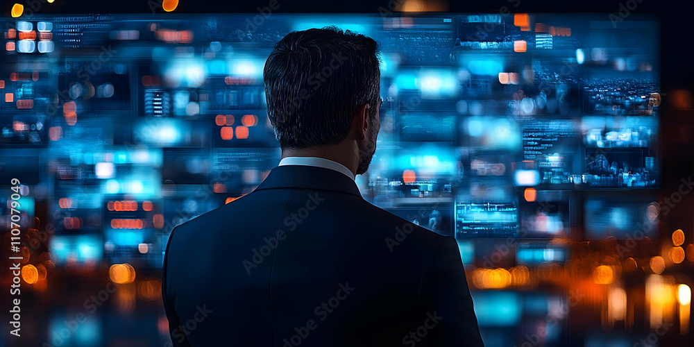 A person in a suit observes digital screens displaying data and information. A person in a suit observes digital screens displaying data and information.