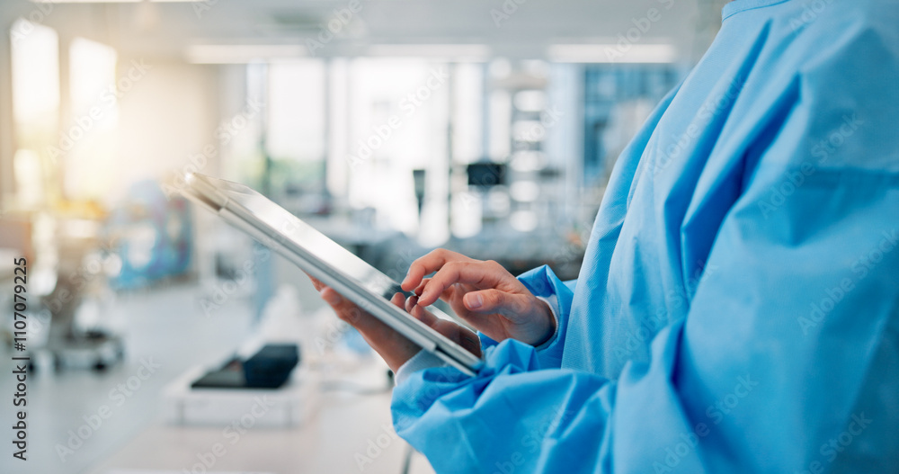 Healthcare, scrubs and tablet with hands of nurse in hospital for diagnosis, research or telehealth. Internet, medical and technology with medicine professional person closeup at clinic in Japan Healthcare, scrubs and tablet with hands of nurse in hospital for diagnosis, research or telehealth. Internet, medical and technology with medicine professional person closeup at clinic in Japan