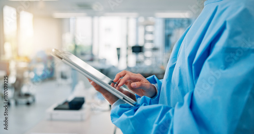 Healthcare, scrubs and tablet with hands of nurse in hospital for diagnosis, research or telehealth. Internet, medical and technology with medicine professional person closeup at clinic in Japan