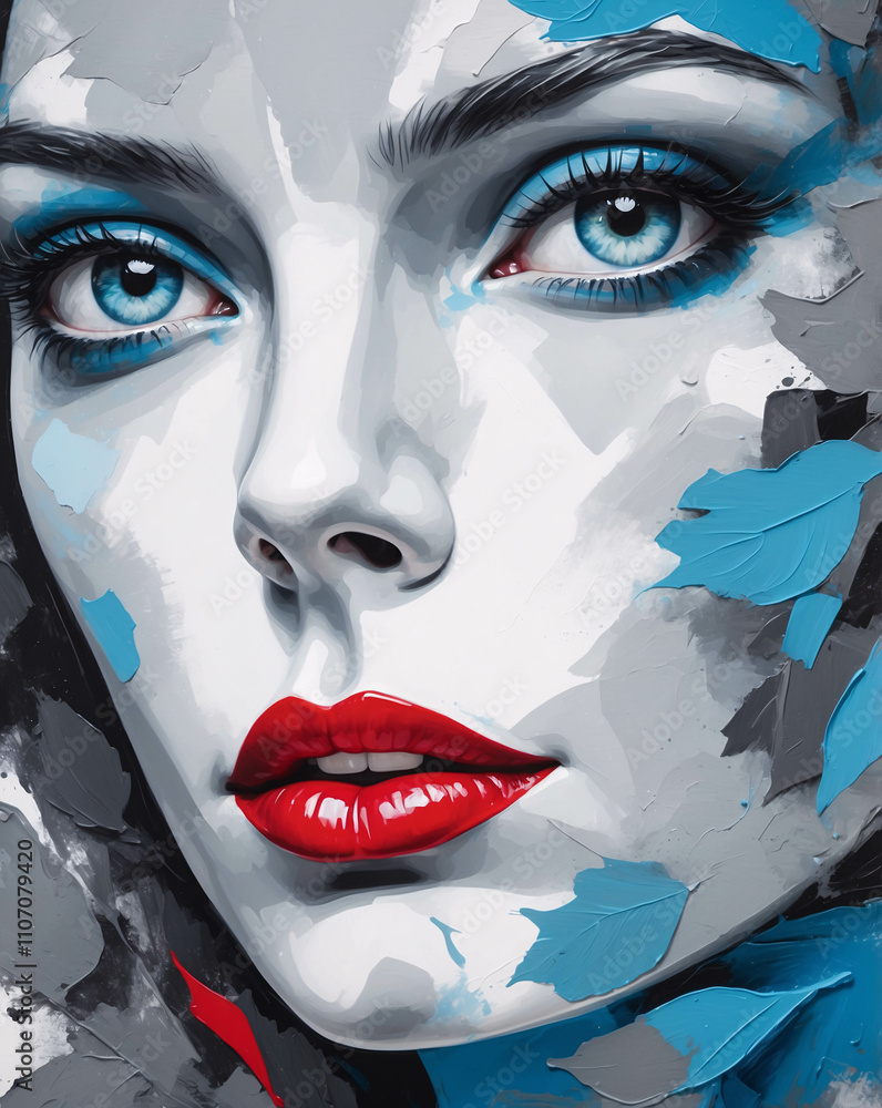 Vibrant Woman Face in Abstract Red and Blue Contemporary Painting Style Vibrant Woman Face in Abstract Red and Blue Contemporary Painting Style