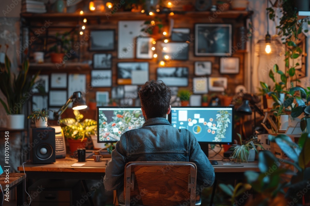 Man sitting at a desk with two computer monitors Man sitting at a desk with two computer monitors