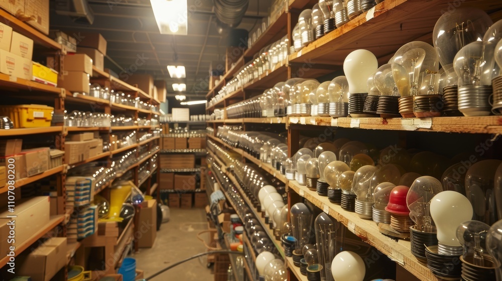 Bulbs of all shapes and sizes lining the shelves of a storage room ready to be installed in various light fixtures throughout the new structure. Bulbs of all shapes and sizes lining the shelves of a storage room ready to be installed in various light fixtures throughout the new structure.