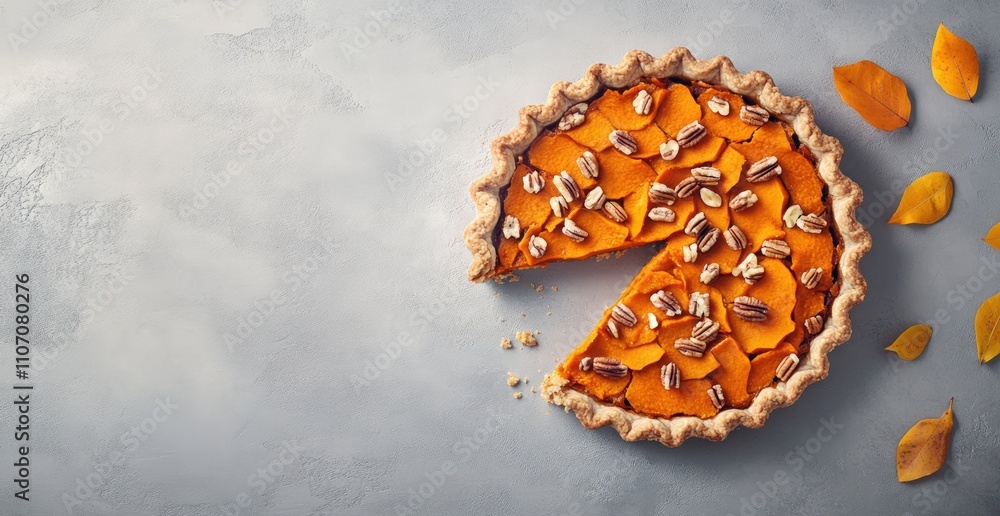 pumpkin pie with a slice cut out on a grey background. a sweet potato and corn leaf pie decorated with nuts. Christmas holiday party. pumpkin pie with a slice cut out on a grey background. a sweet potato and corn leaf pie decorated with nuts. Christmas holiday party.